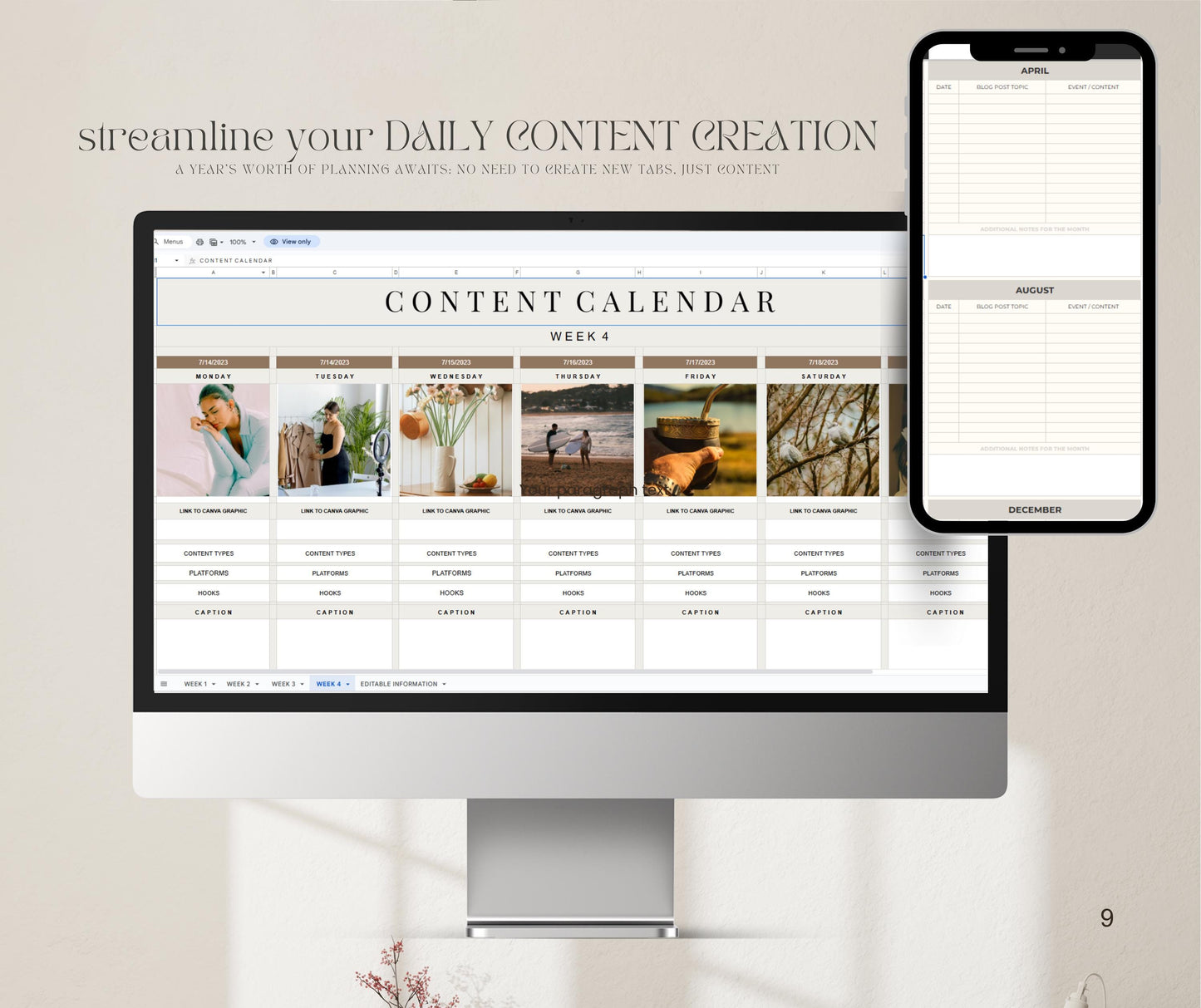 Content Calendar Spreadsheet | Social Media Planner | Editable Google Sheets & Excel Template