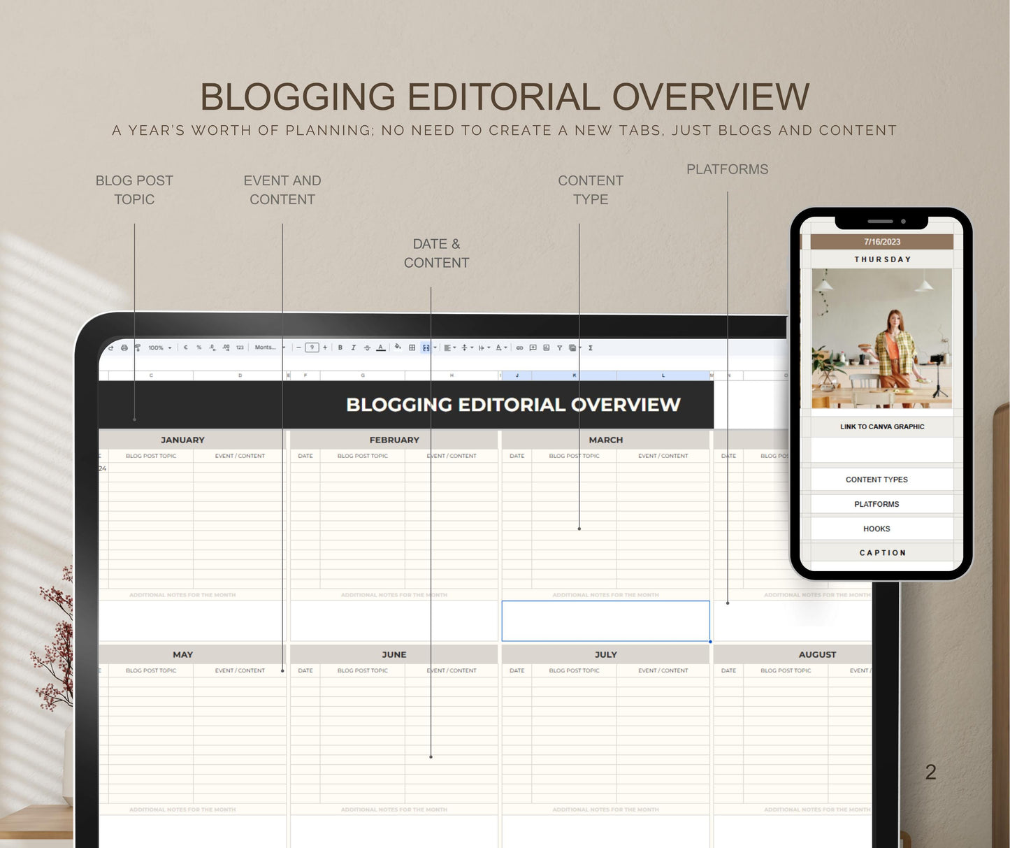 Content Calendar Spreadsheet | Social Media Planner | Editable Google Sheets & Excel Template