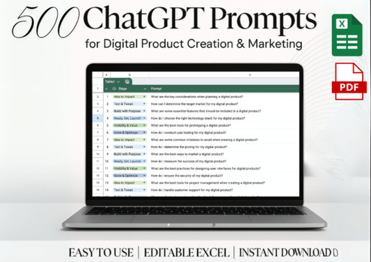 500 ChatGPT Prompts for Digital Product Creation, Marketing & Sales – Excel Sheet