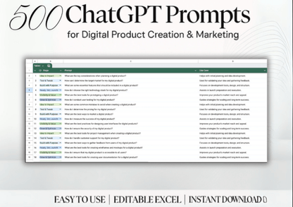 500 ChatGPT Prompts for Digital Product Creation, Marketing & Sales – Excel Sheet
