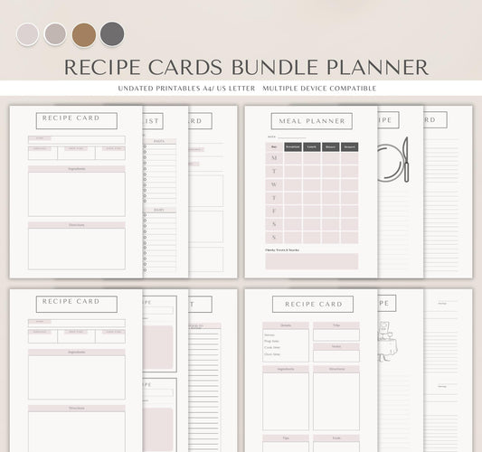 Recipe Card Bundle | Printable & Digital Recipe Organizer, Meal Planner & Kitchen Journal PDF